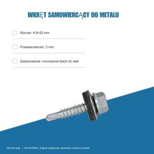 Wkręt samowiercący do metalu 4,8x22 mm, przewiercalność 3 mm, EPDM, 250 szt. – ocynk bez lakieru